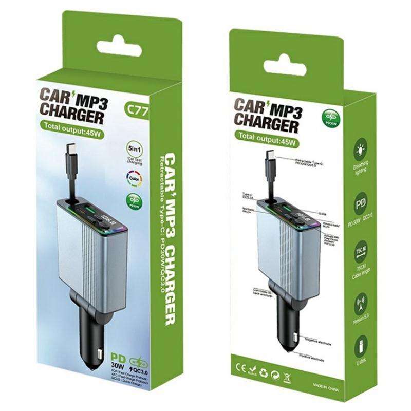 C77 Car Charger FM Transmitter Fast Charging Adapter with PD 30W Extendable Type-C Cable
