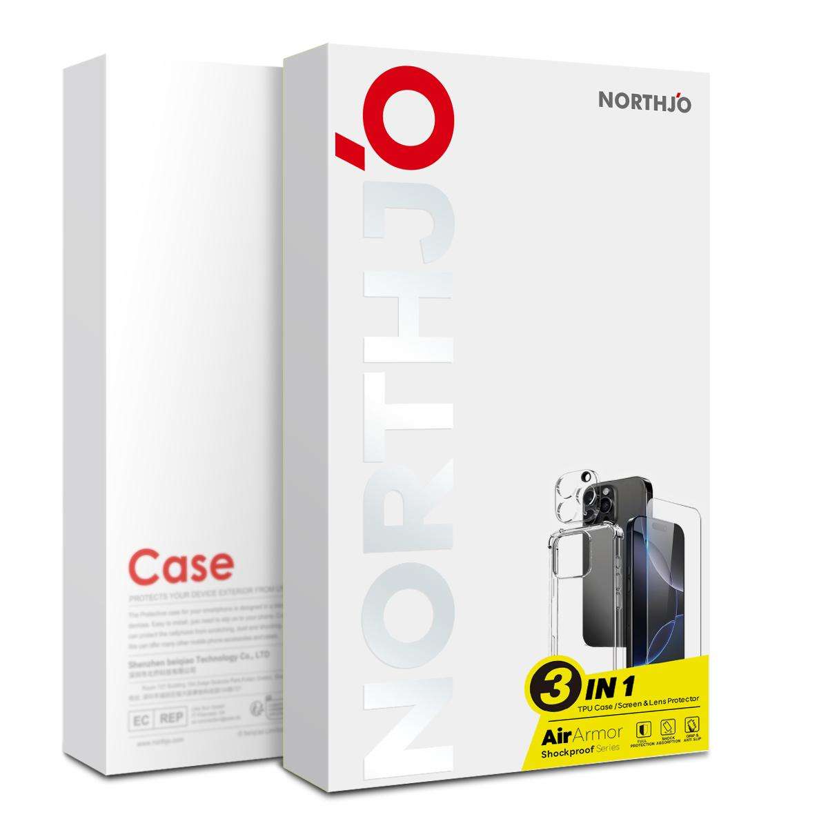 For iPhone 15 Pro NORTHJO 3 in 1 TPU Airbag Shockproof Phone Case with Screen Protecto ... (Clear)