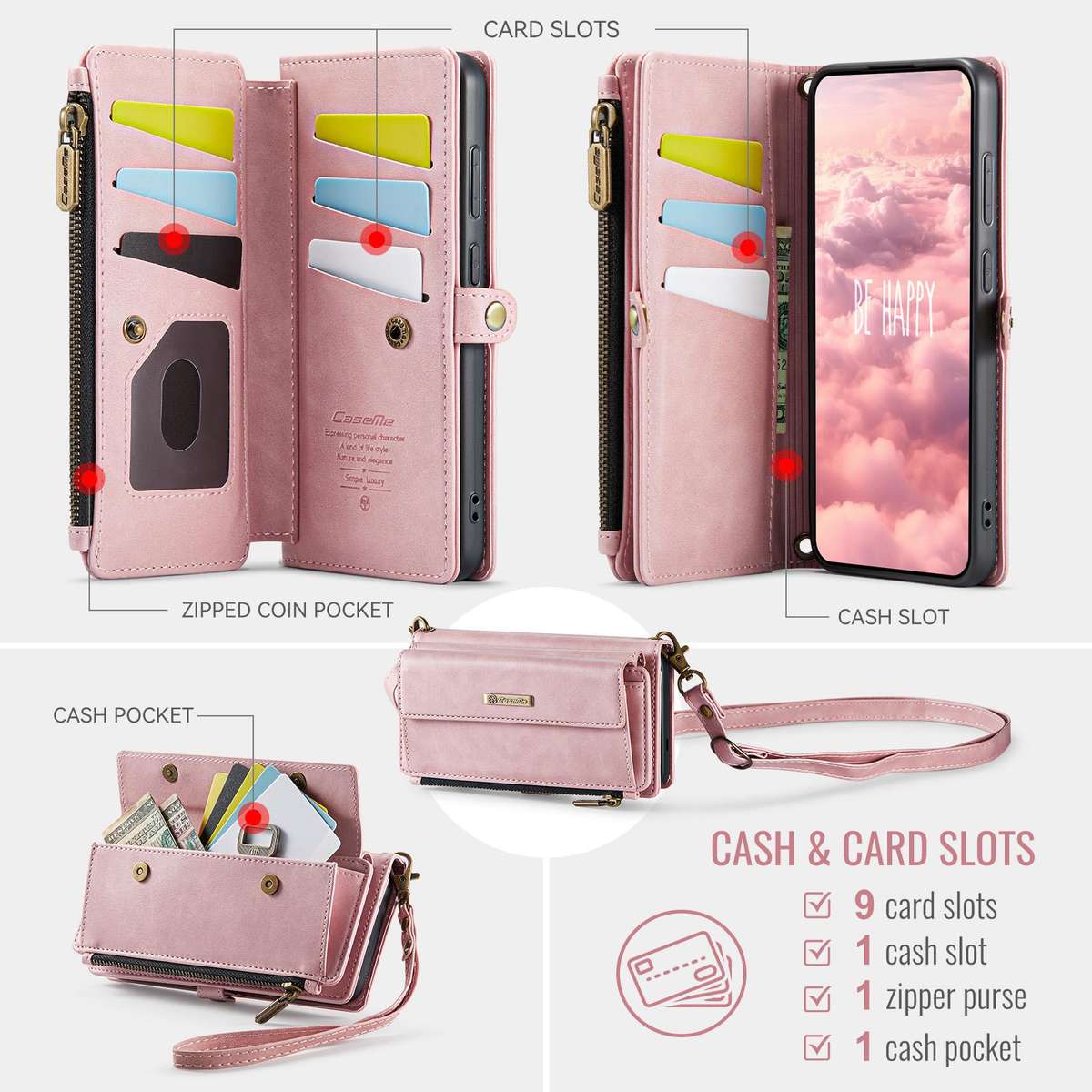 For Samsung Galaxy S25 / S24 5G CaseMe C39 RFID Blocking Zipper Wallet Leather Phone Ca ... (Pink)