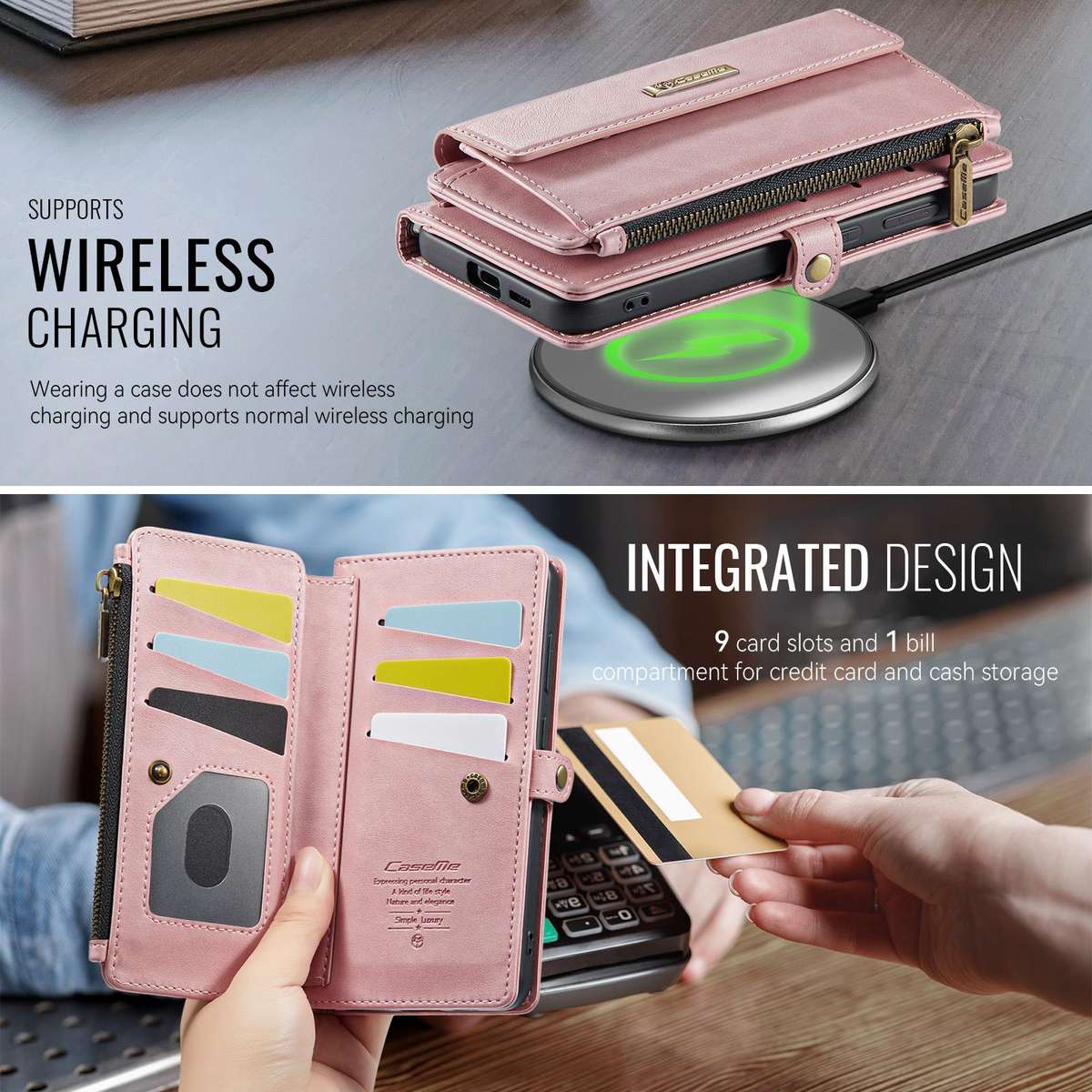 For Samsung Galaxy S25 / S24 5G CaseMe C39 RFID Blocking Zipper Wallet Leather Phone Ca ... (Pink)