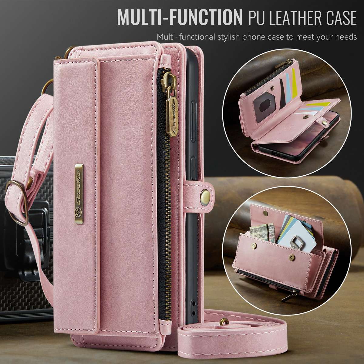 For Samsung Galaxy S25 / S24 5G CaseMe C39 RFID Blocking Zipper Wallet Leather Phone Ca ... (Pink)