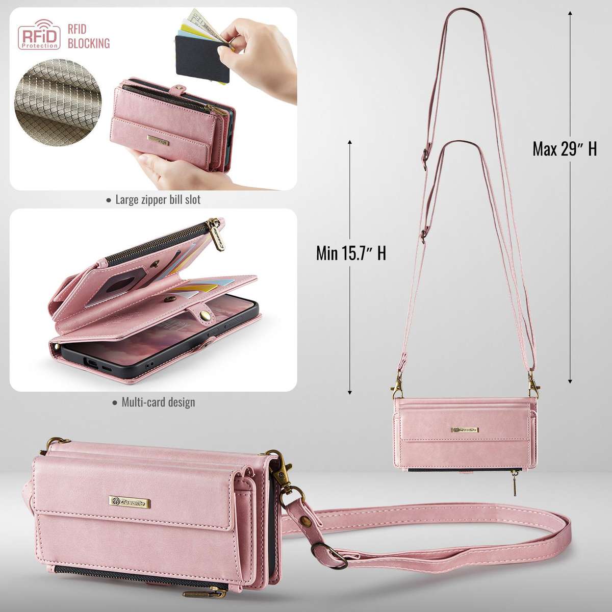 For Samsung Galaxy S25 / S24 5G CaseMe C39 RFID Blocking Zipper Wallet Leather Phone Ca ... (Pink)