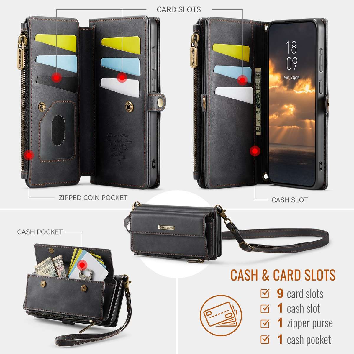 For Samsung Galaxy S25 Edge 5G CaseMe C39 RFID Blocking Zipper Wallet Leather Phone Ca ... (Black)