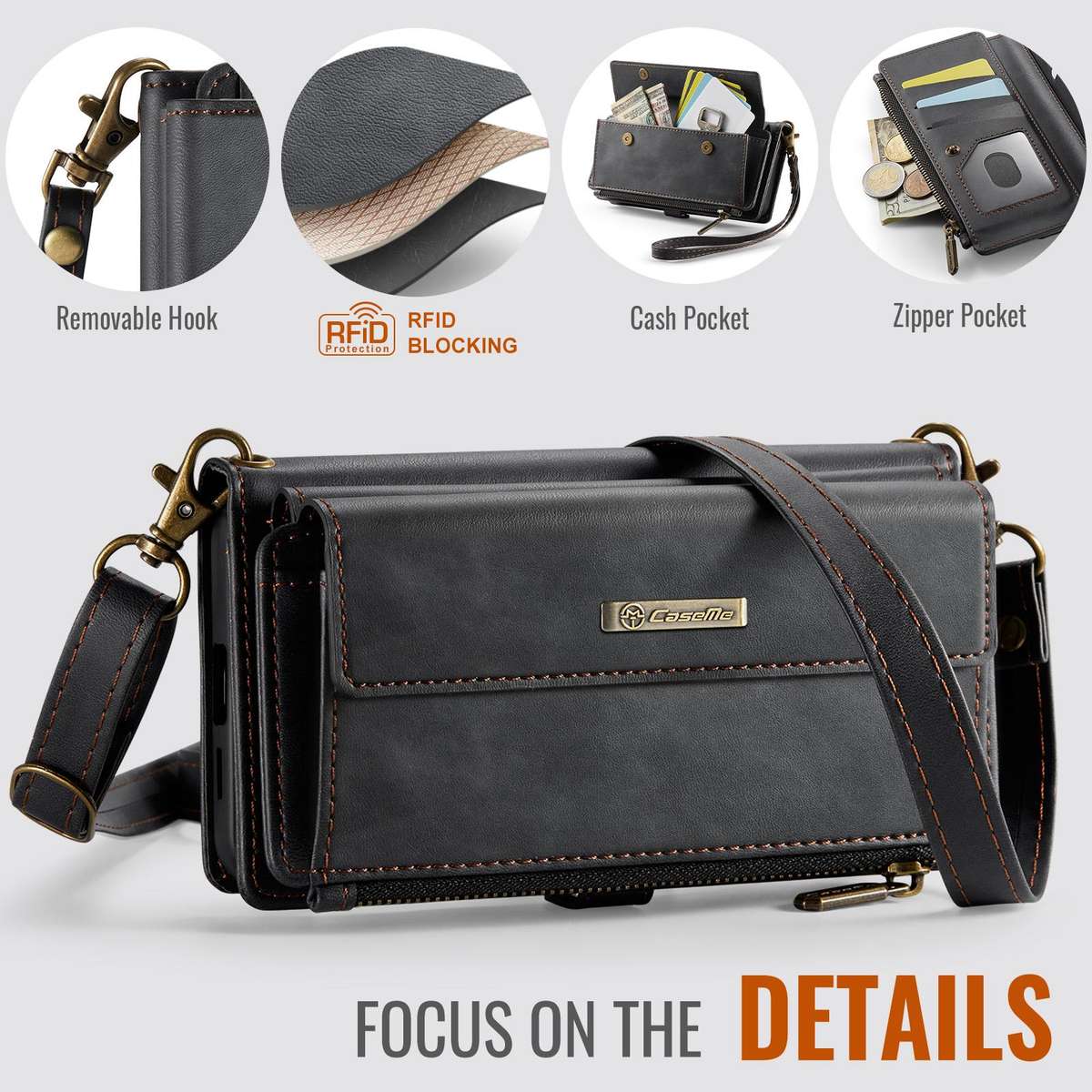 For Samsung Galaxy S25 FE 5G CaseMe C39 RFID Blocking Zipper Wallet Leather Phone Case ... (Black)