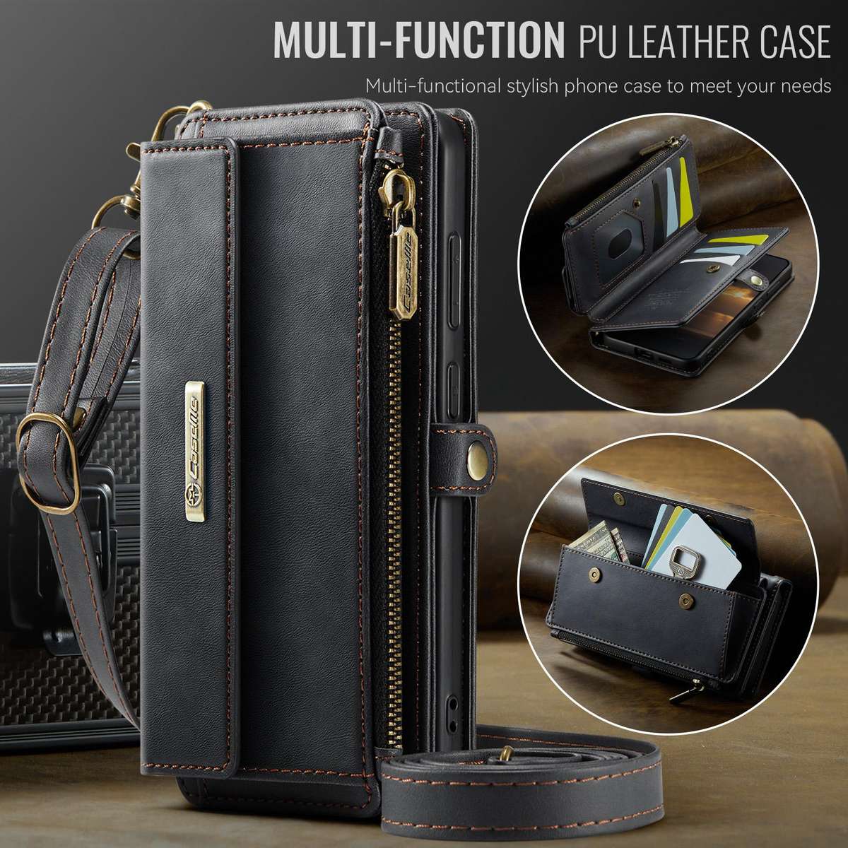 For Samsung Galaxy S25 FE 5G CaseMe C39 RFID Blocking Zipper Wallet Leather Phone Case ... (Black)