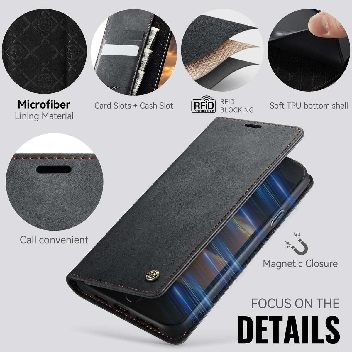 For iPhone SE 2022 / 8 / 7 CaseMe 033 Calf Leather Lining Microfibre RFID Blocking Pho ... (Black)