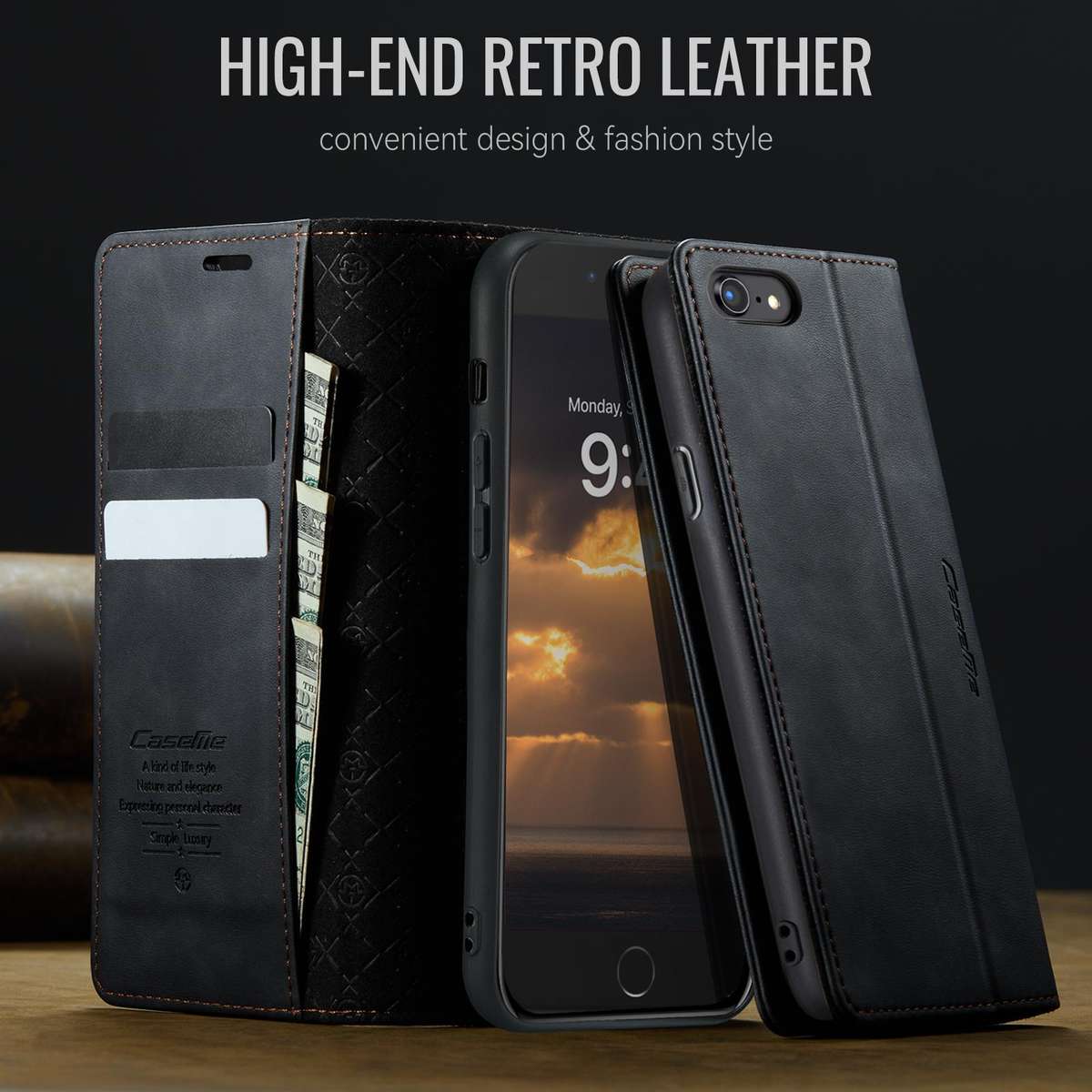 For iPhone SE 2022 / 8 / 7 CaseMe 033 Calf Leather Lining Microfibre RFID Blocking Pho ... (Black)