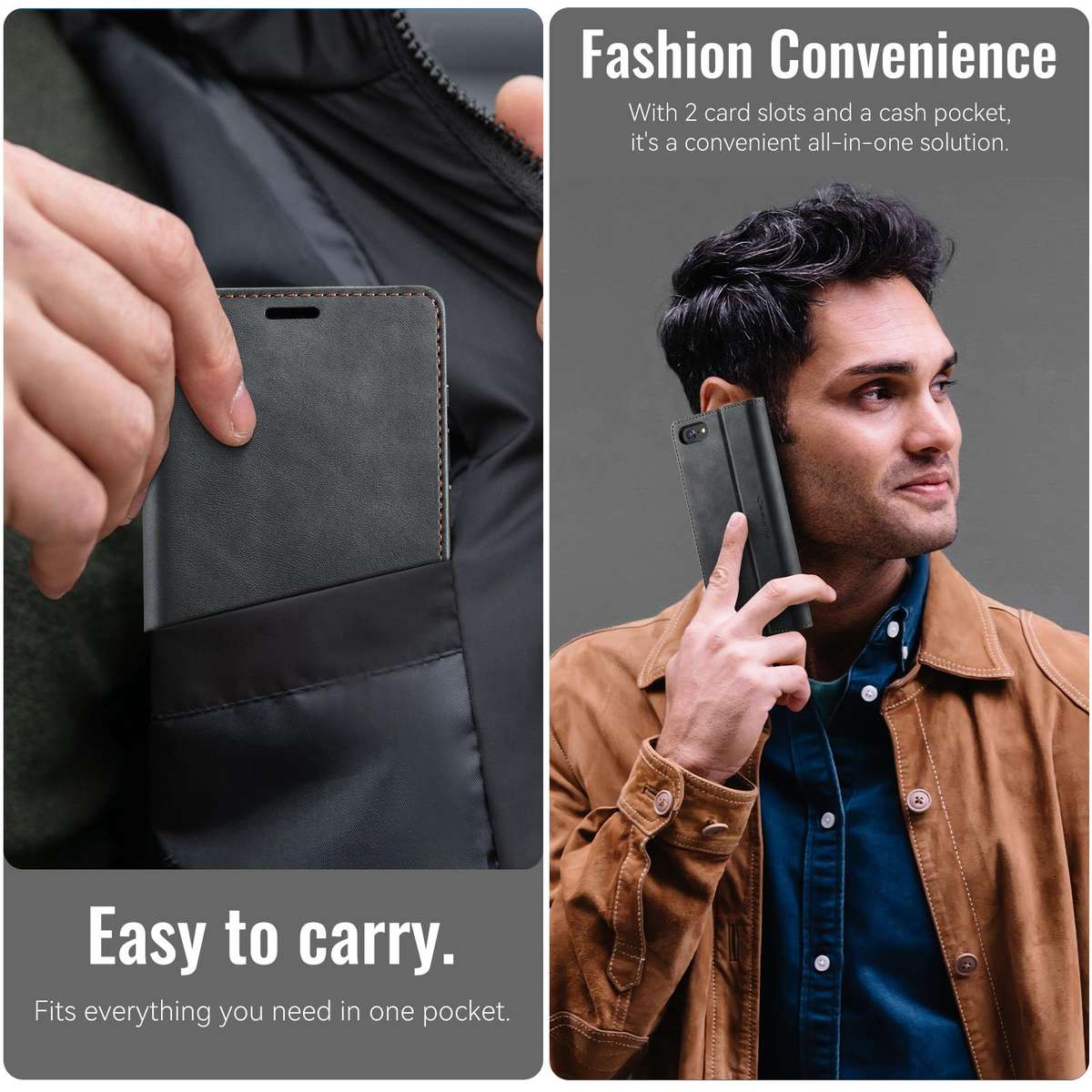 For iPhone SE 2022 / 8 / 7 CaseMe 033 Calf Leather Lining Microfibre RFID Blocking Pho ... (Black)
