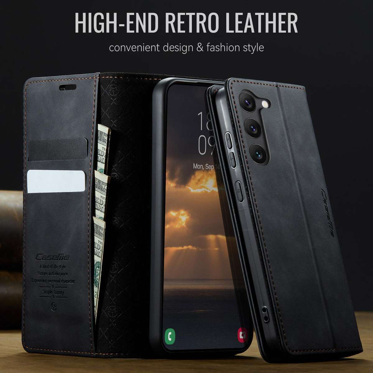 For Samsung Galaxy S23 5G CaseMe 033 Calf Leather Lining Microfibre RFID Blocking Phon ... (Black)