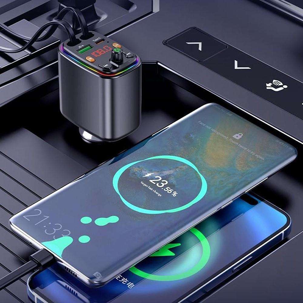 Y10 With Retractable Type C + iP Cable Car Charger FM Transmitter Bluetooth MP3 Player