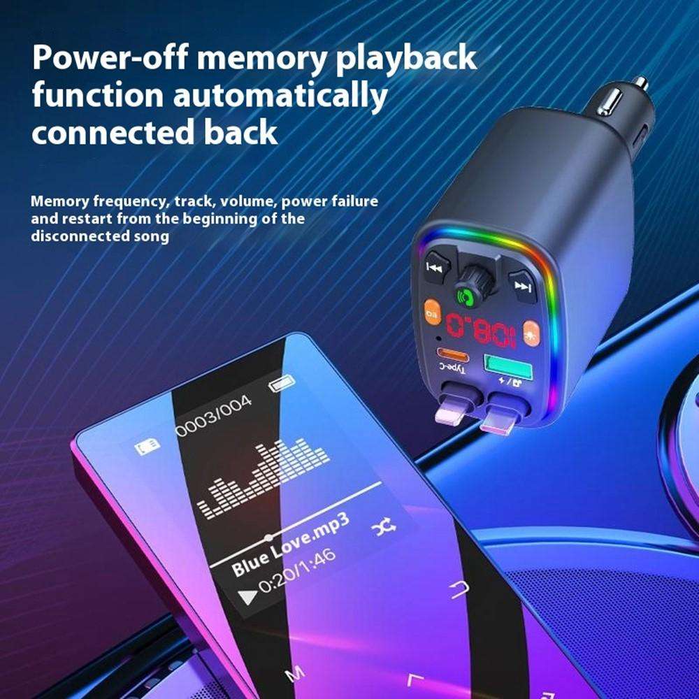 Y10 With Retractable Type C + iP Cable Car Charger FM Transmitter Bluetooth MP3 Player