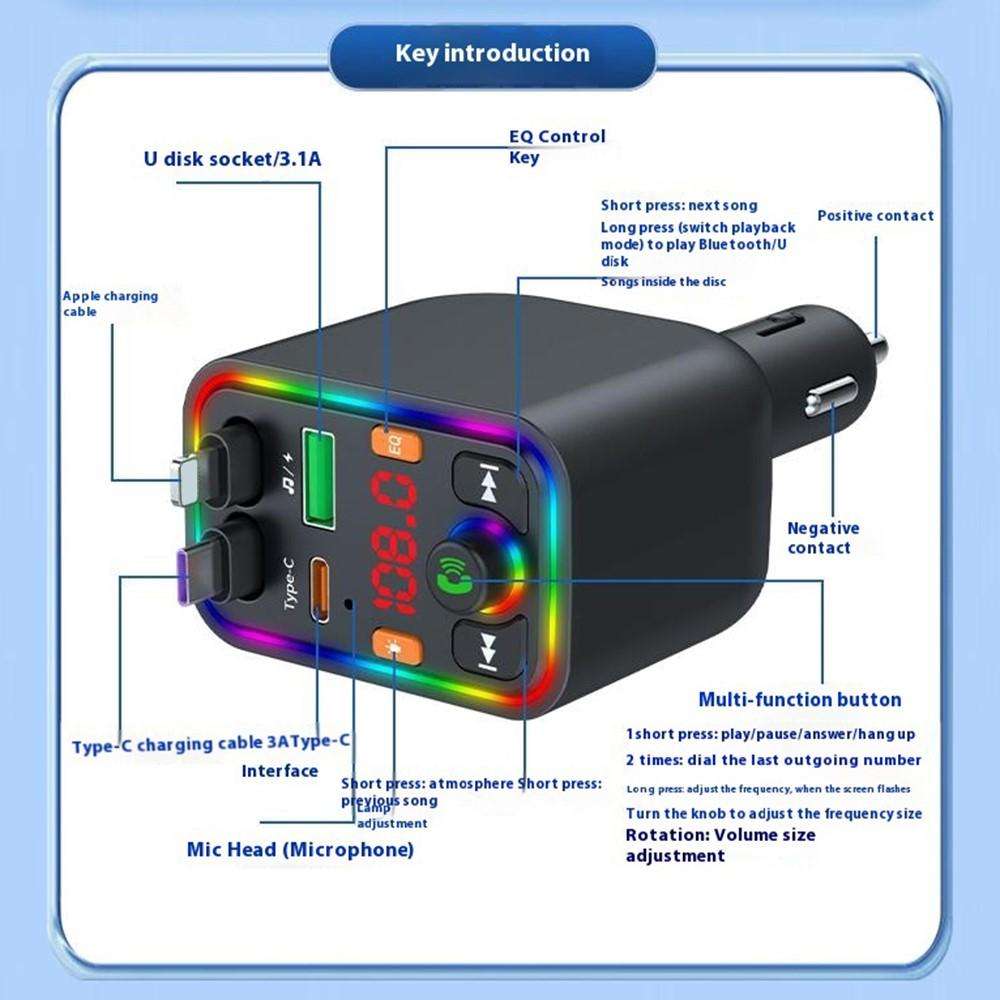 Y6 Retractable Cable EQ Adjustment Bluetooth FM Transmitter Car Charger MP3 Player