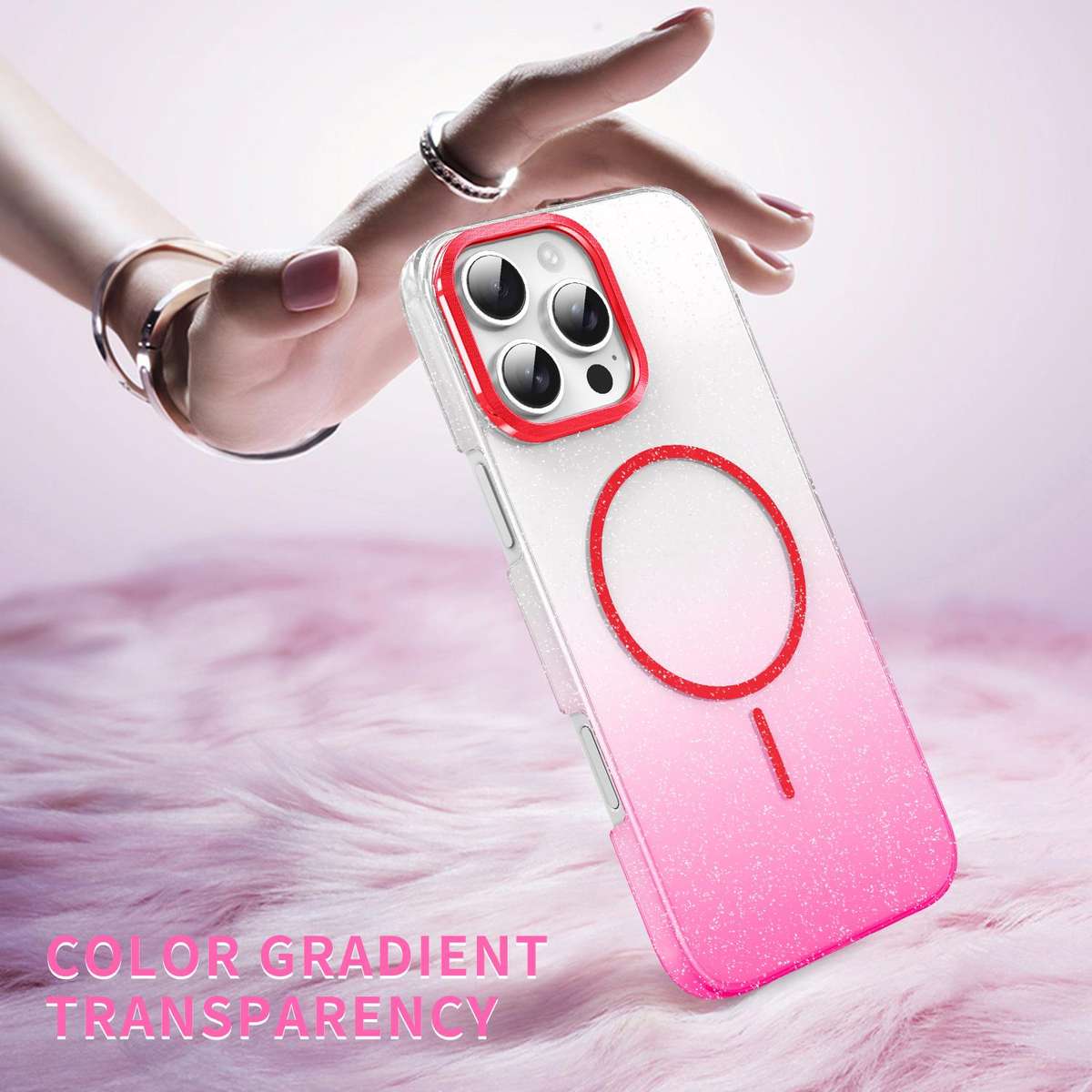 For iPhone 15 Pro Max Gold Diamond Glitter Gradient MagSafe Shockproof Phone Case(Red)