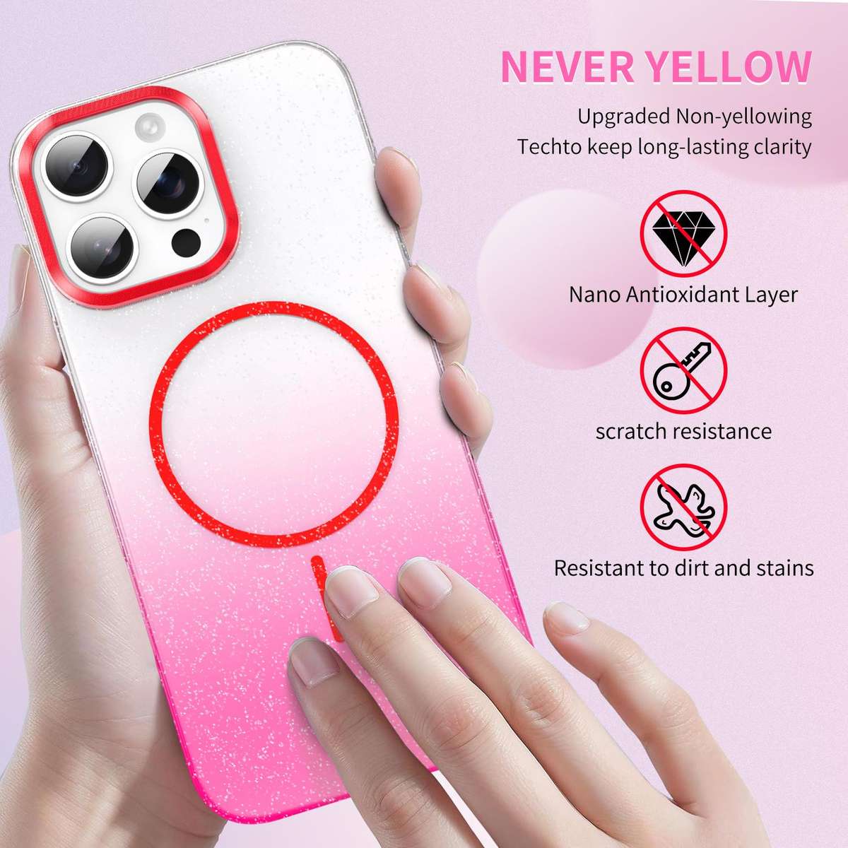 For iPhone 15 Pro Max Gold Diamond Glitter Gradient MagSafe Shockproof Phone Case(Red)