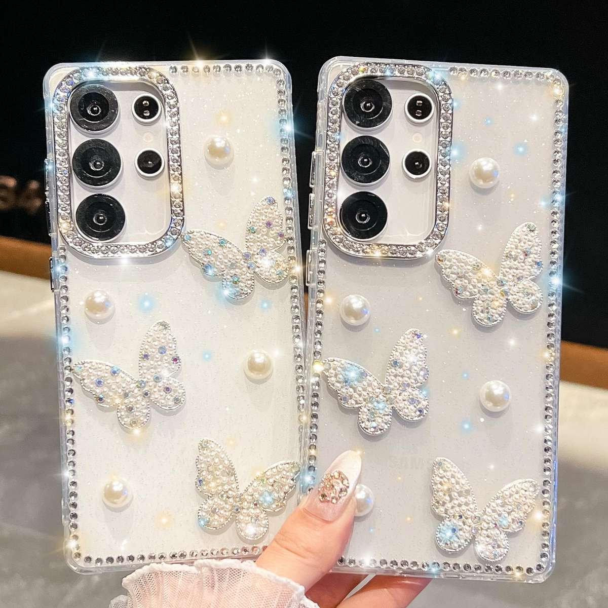 For Samsung Galaxy S23 Ultra 5G Diamond Glitter Pearl Butterfly Four-Corner Shockproof ... (White)
