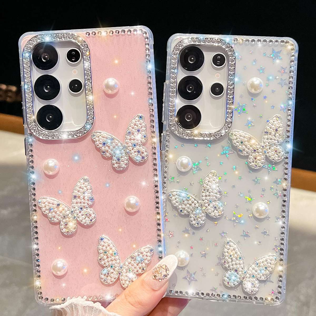 For Samsung Galaxy S23 Ultra 5G Diamond Glitter Pearl Butterfly Four-Corner Shockproof ... (White)