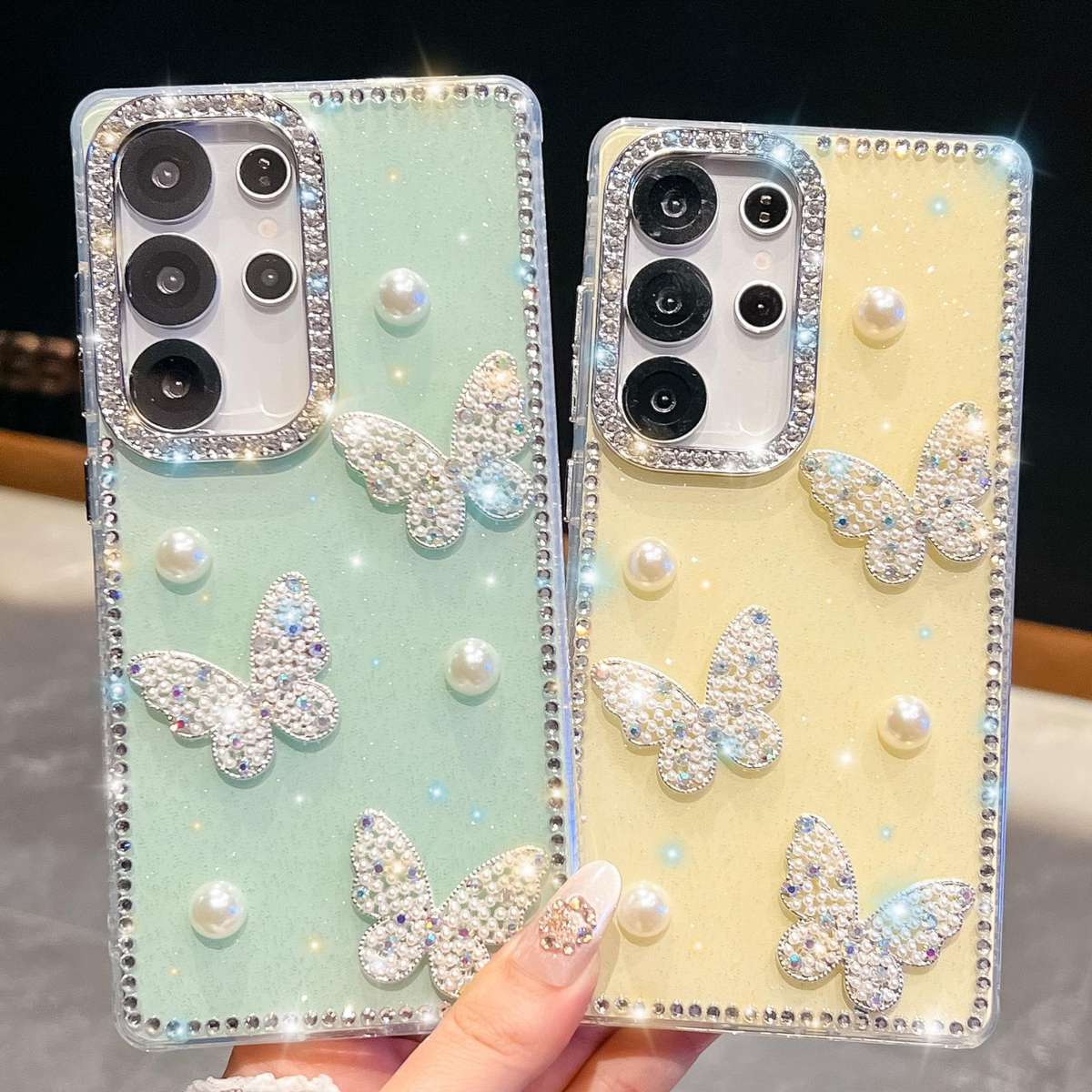 For Samsung Galaxy S23 Ultra 5G Diamond Glitter Pearl Butterfly Four-Corner Shockproof ... (White)