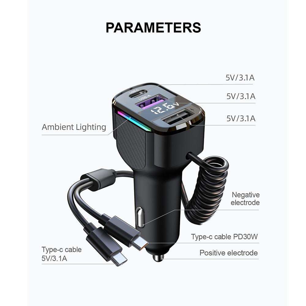 K56 Car PD30W Fast Charger Cigarette Lighter Adapter with Type-C Spring Cable
