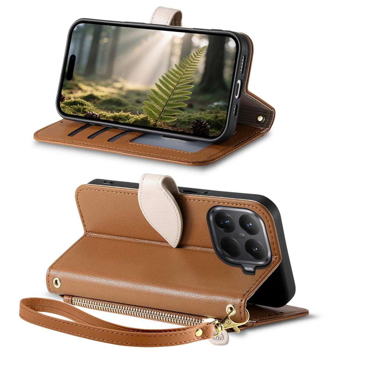 For Redmi 15C 5G / 4G Global 171mm Leaf Buckle Zipper Wallet Leather Phone Case with Strap(Brown)