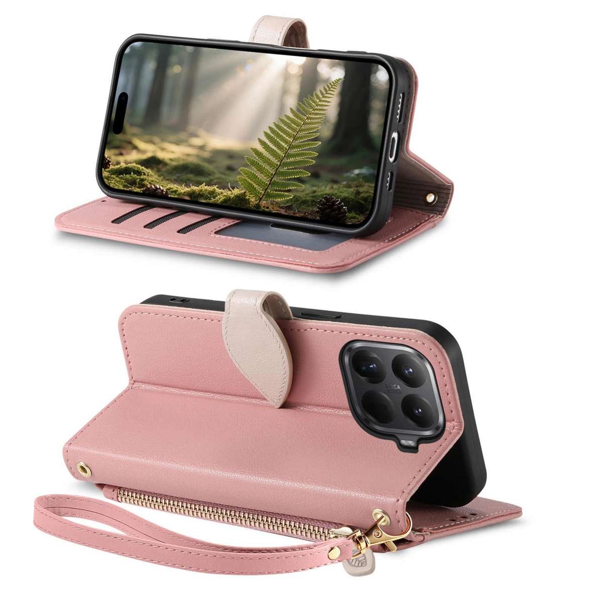 For Redmi 15C 5G / 4G Global 171mm Leaf Buckle Zipper Wallet Leather Phone Case with Strap(Pink)