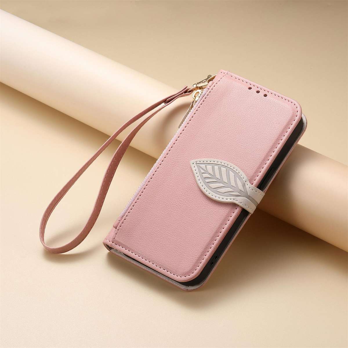 For Redmi 15C 5G / 4G Global 171mm Leaf Buckle Zipper Wallet Leather Phone Case with Strap(Pink)