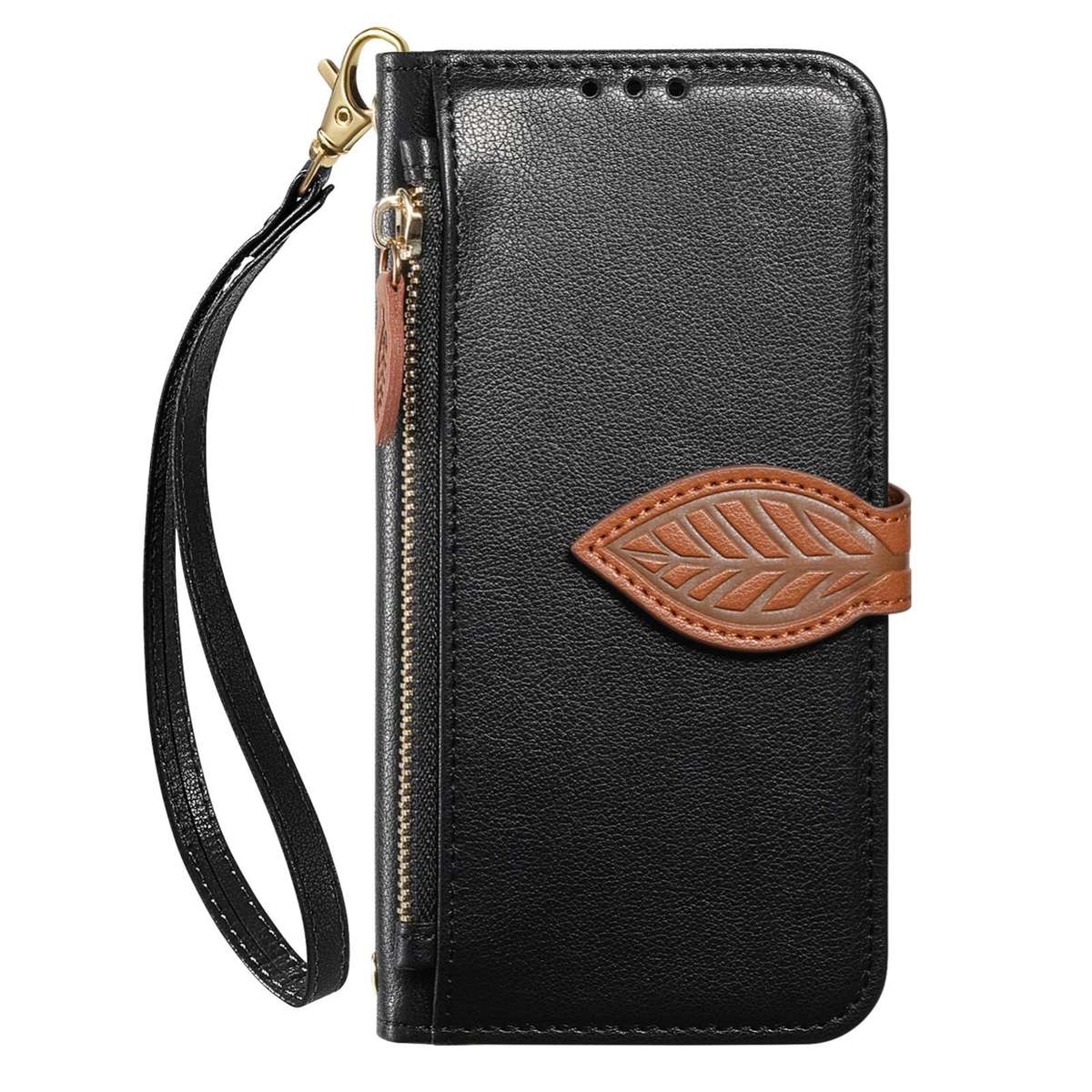 For Redmi 15C 5G / 4G Global 171mm Leaf Buckle Zipper Wallet Leather Phone Case with Strap(Black)