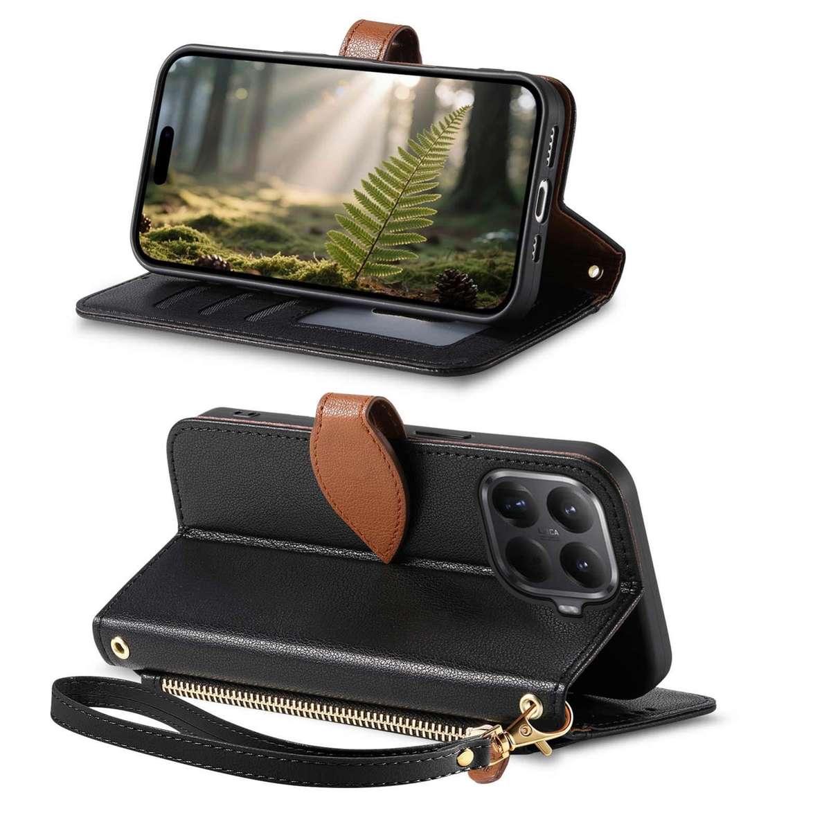 For Redmi 15C 5G / 4G Global 171mm Leaf Buckle Zipper Wallet Leather Phone Case with Strap(Black)