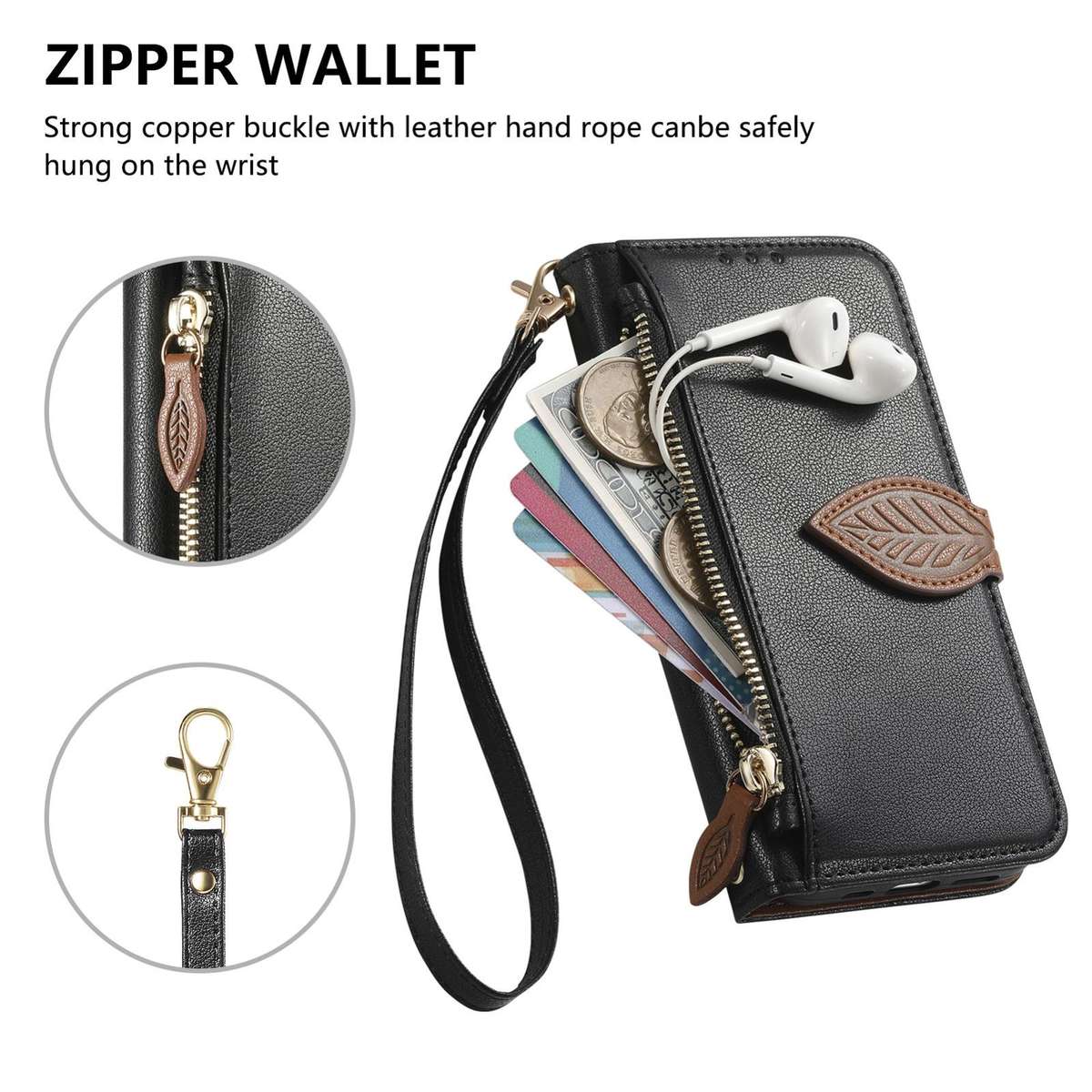 For Redmi 15C 5G / 4G Global 171mm Leaf Buckle Zipper Wallet Leather Phone Case with Strap(Black)