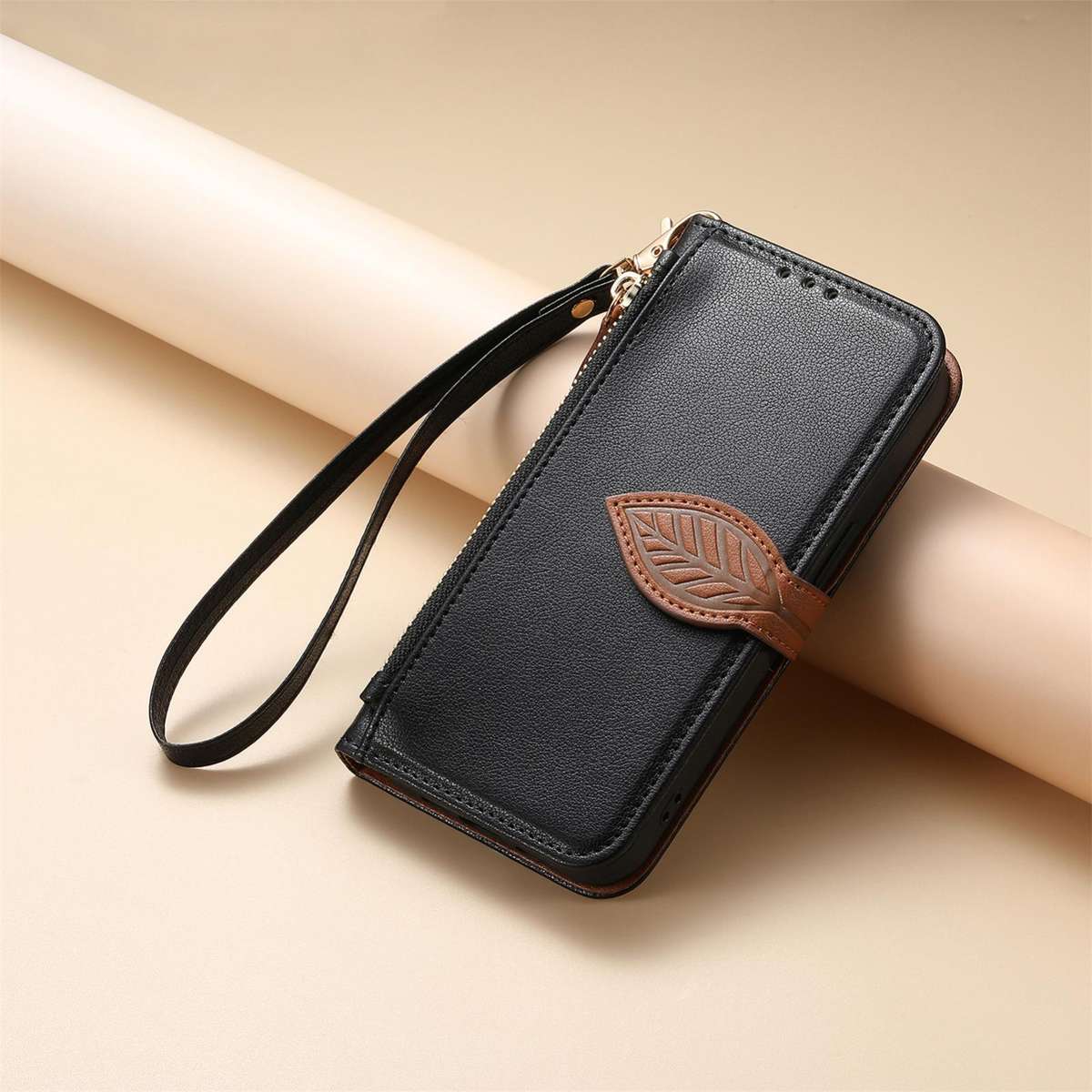 For Redmi 15C 5G / 4G Global 171mm Leaf Buckle Zipper Wallet Leather Phone Case with Strap(Black)