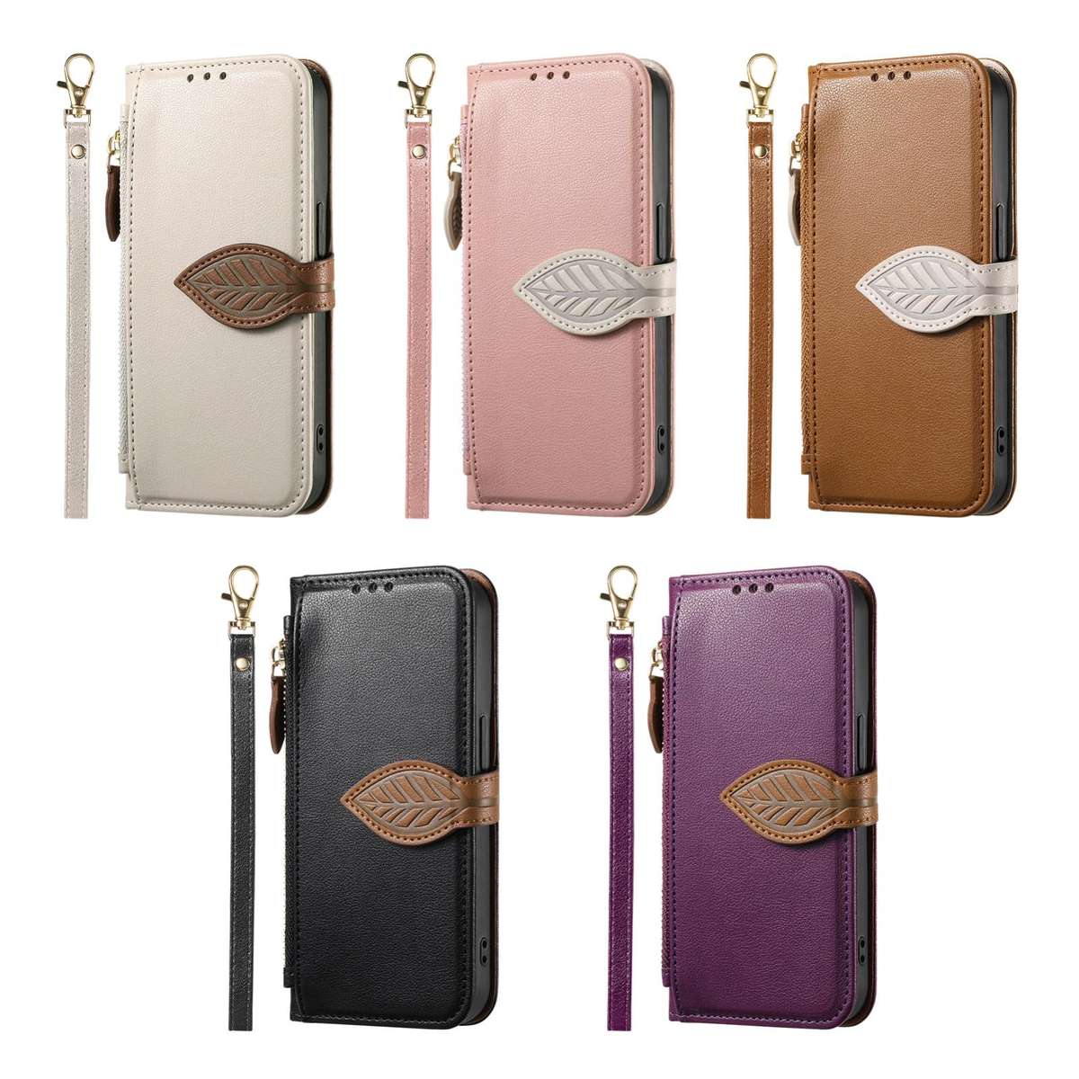 For Xiaomi 17 Pro Max Leaf Buckle Zipper Wallet Leather Phone Case with Strap(Pink)