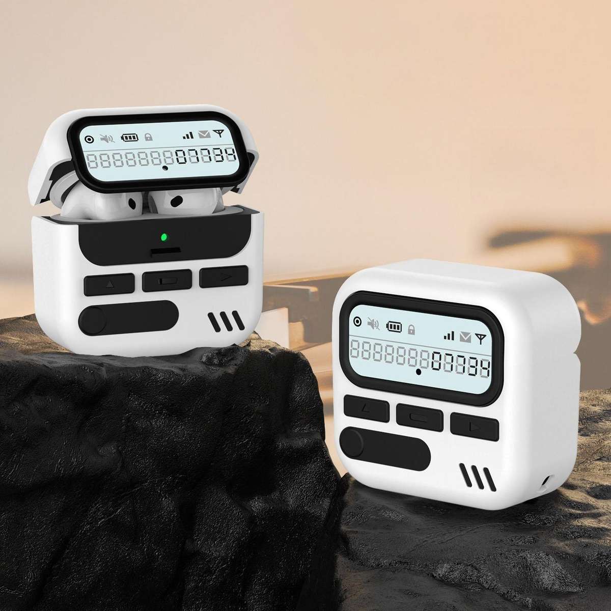 For AirPods 4 Retro Pager Style Earphone Protective Cover with Metal Chain(White)