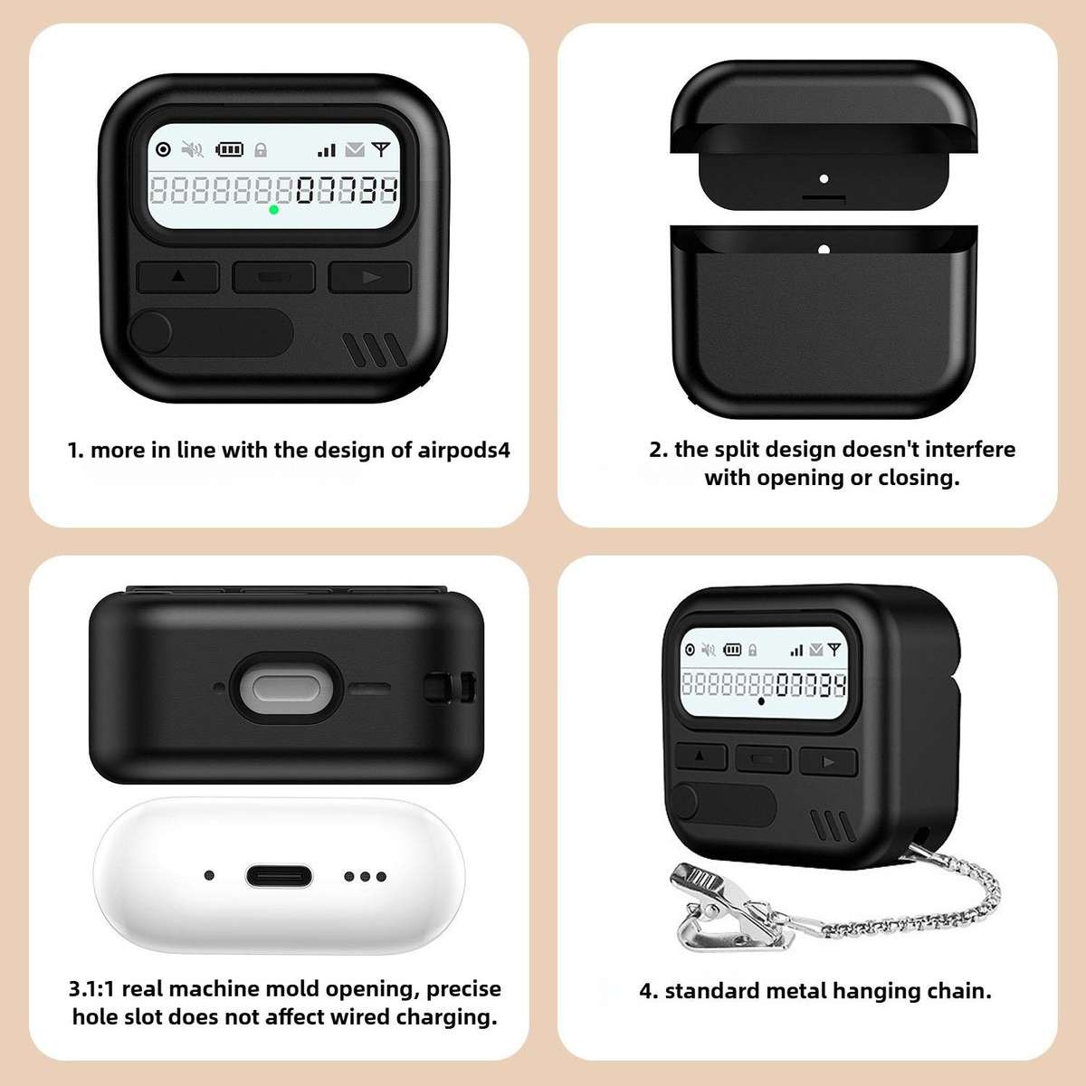For AirPods 4 Retro Pager Style Earphone Protective Cover with Metal Chain(White)
