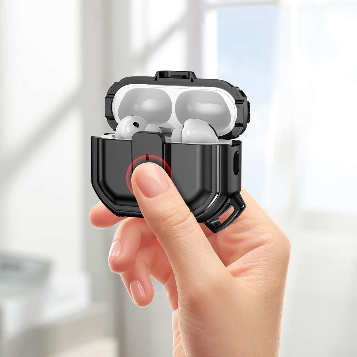 For AirPods Pro 2 Snap-Lock Shockproof PC Headphone Cover with Carabiner(Army Green)