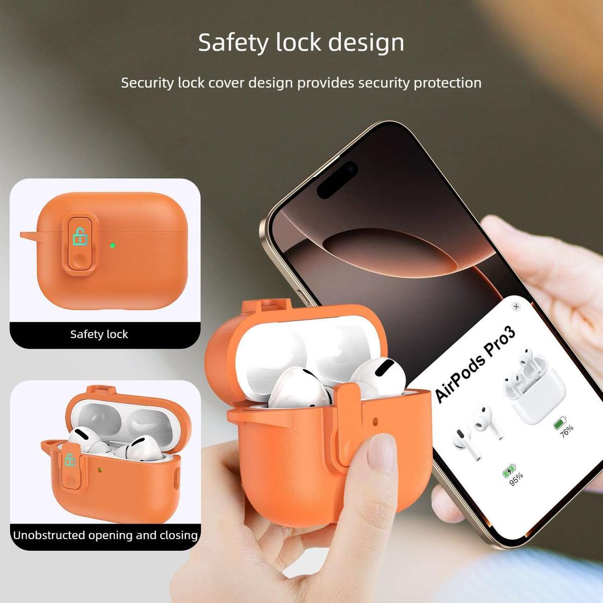 For AirPods 4 Grained Leather Look TPU Earphone Cover with Ring Hook(Mountain Ridge Green)