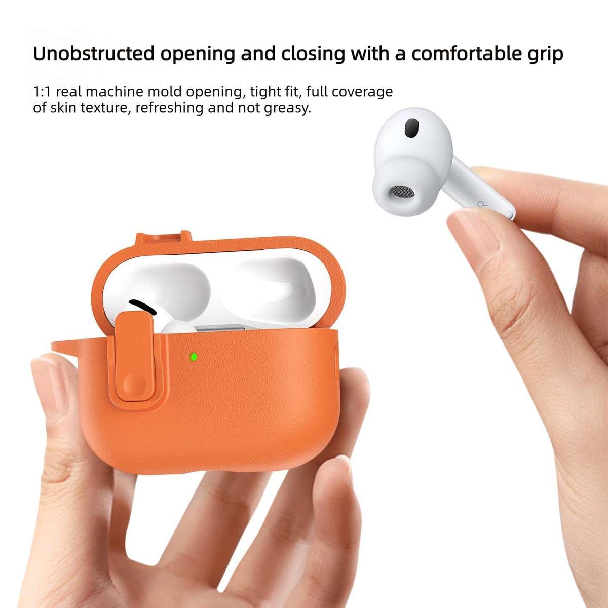 For AirPods 4 Grained Leather Look TPU Earphone Cover with Ring Hook(Mountain Ridge Green)