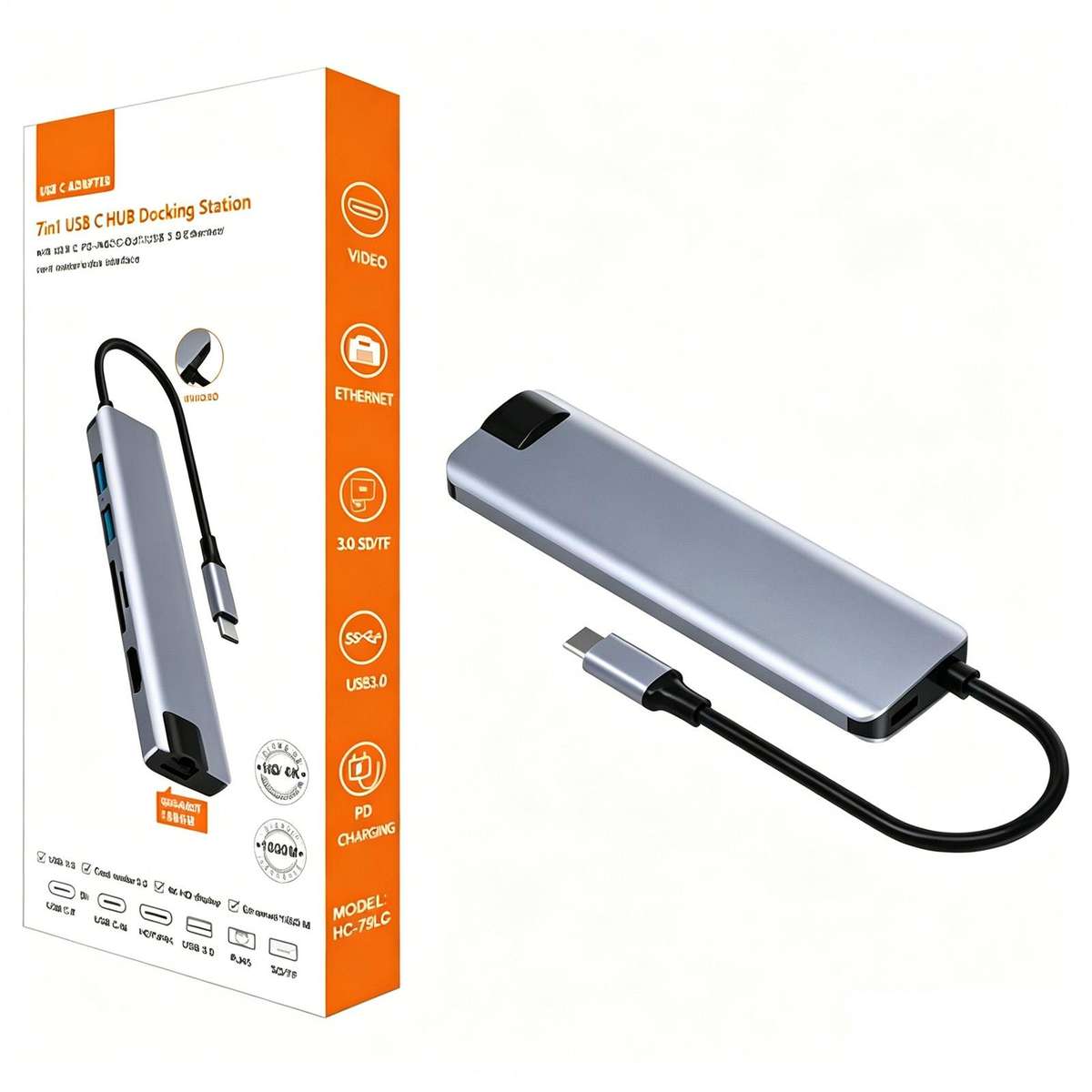 HC-75LC 4K HD PD100W Charging Gigabit Ethernet 7 in 1 USB-C Hub with USB 3.0 SD / TF Card Reader