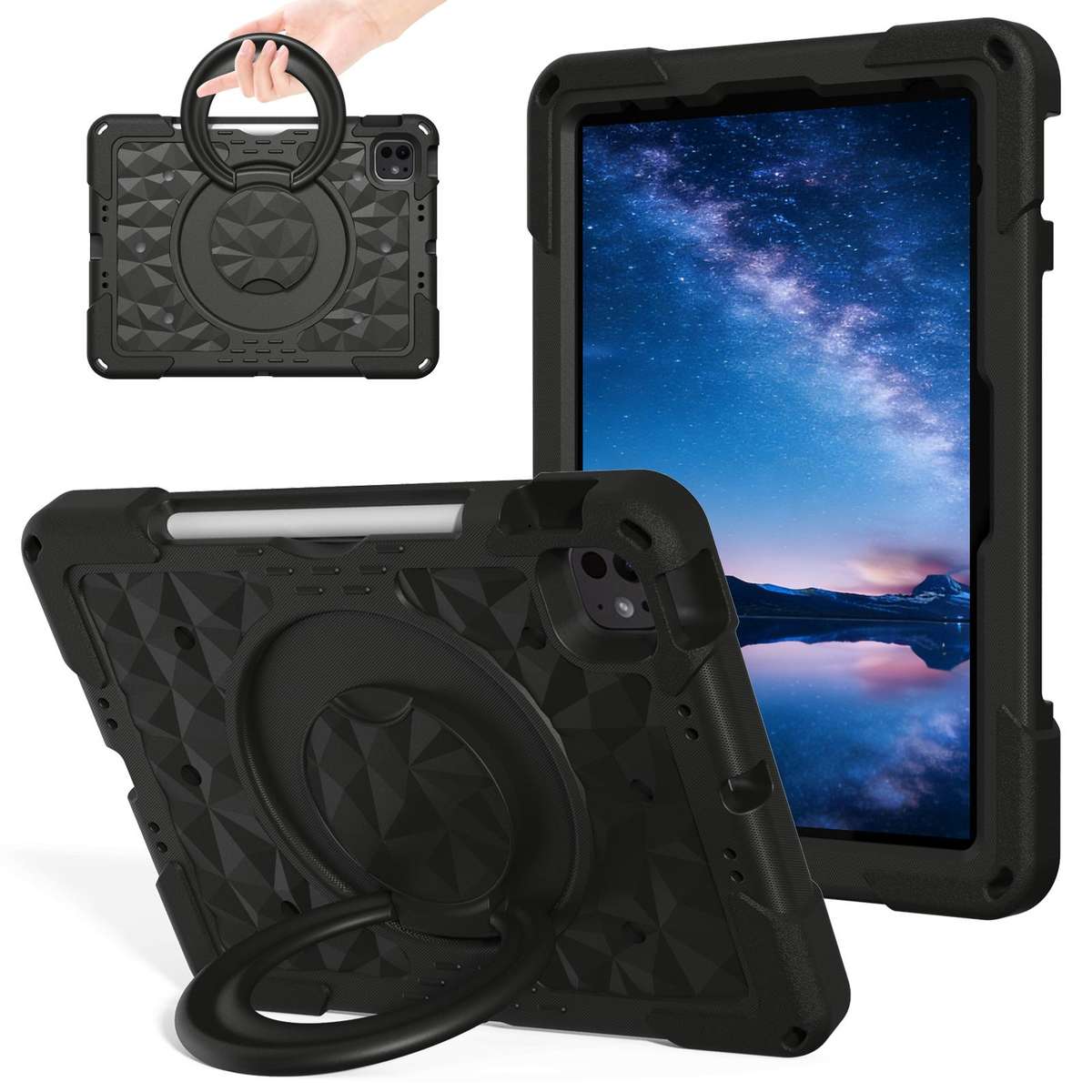 For iPad 2026 / 2025 / Air 11 2026 / 2025 Magic Ring Rotation Holder Shockproof Tablet ... (Black)