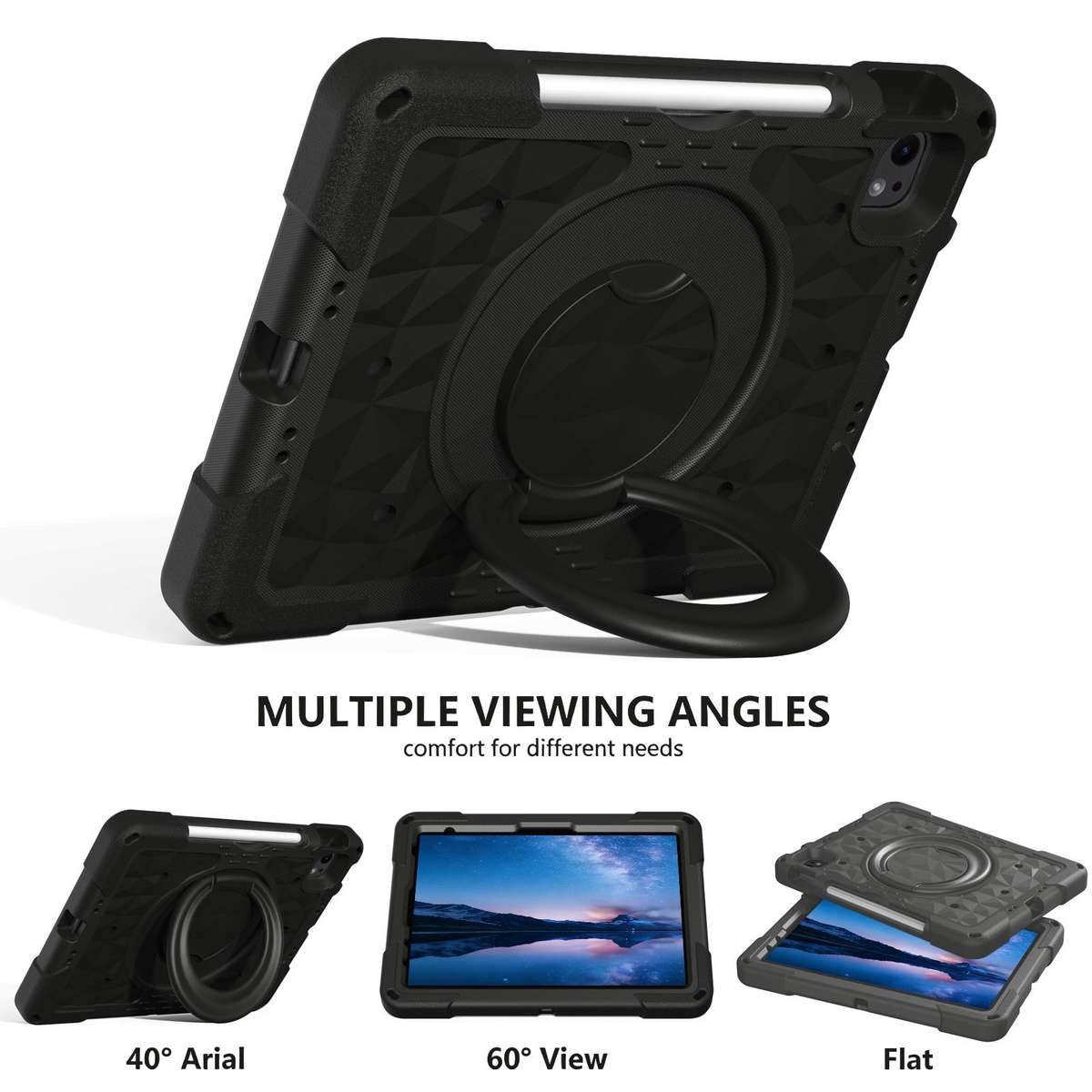 For iPad 2026 / 2025 / Air 11 2026 / 2025 Magic Ring Rotation Holder Shockproof Tablet ... (Black)