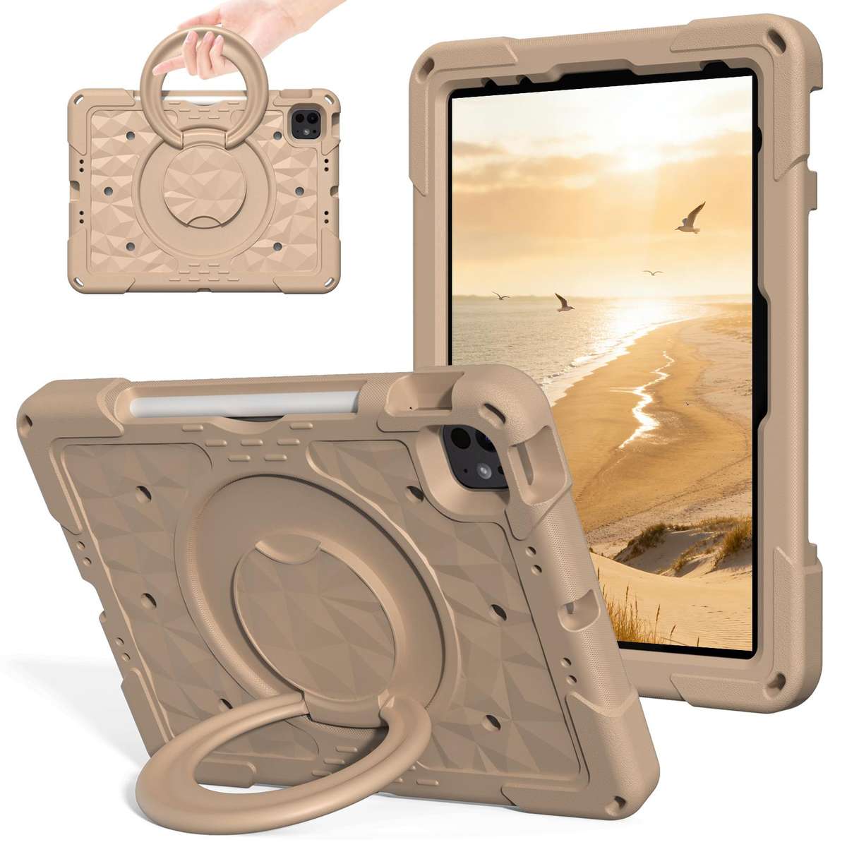For iPad 2026 / 2025 / Air 11 2026 / 2025 Magic Ring Rotation Holder Shockproof Tablet ... (Khaki)