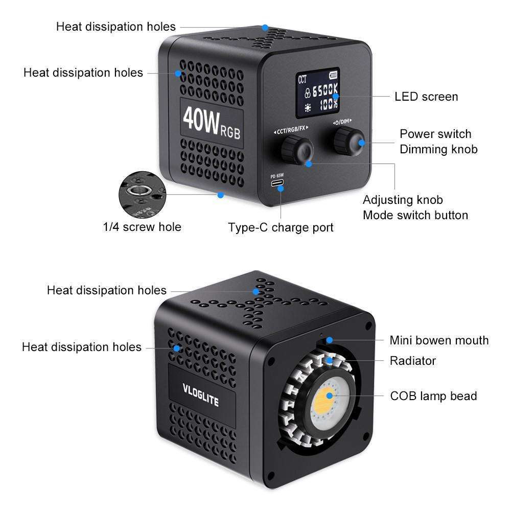 VLOGLITE P40RGB Photography 40W COB RGB Video Light 20 Effects Modes Studio Video Lamp