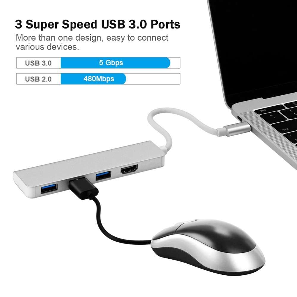 USB-C Hub, Type-C Adapter To HDMI,3 USB 3.0, Portable Aluminum USB C Dongle For MacBook Pro 2018/2