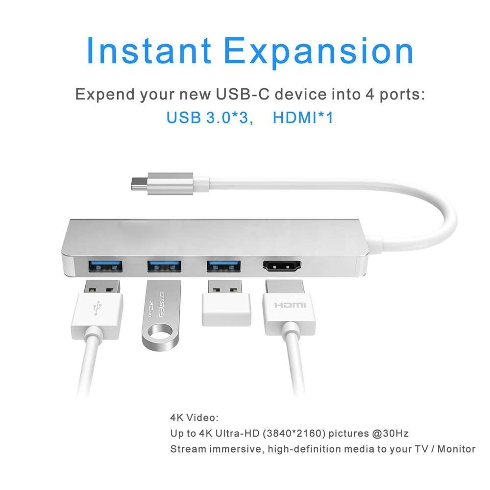 USB-C Hub, Type-C Adapter To HDMI,3 USB 3.0, Portable Aluminum USB C Dongle For MacBook Pro 2018/2