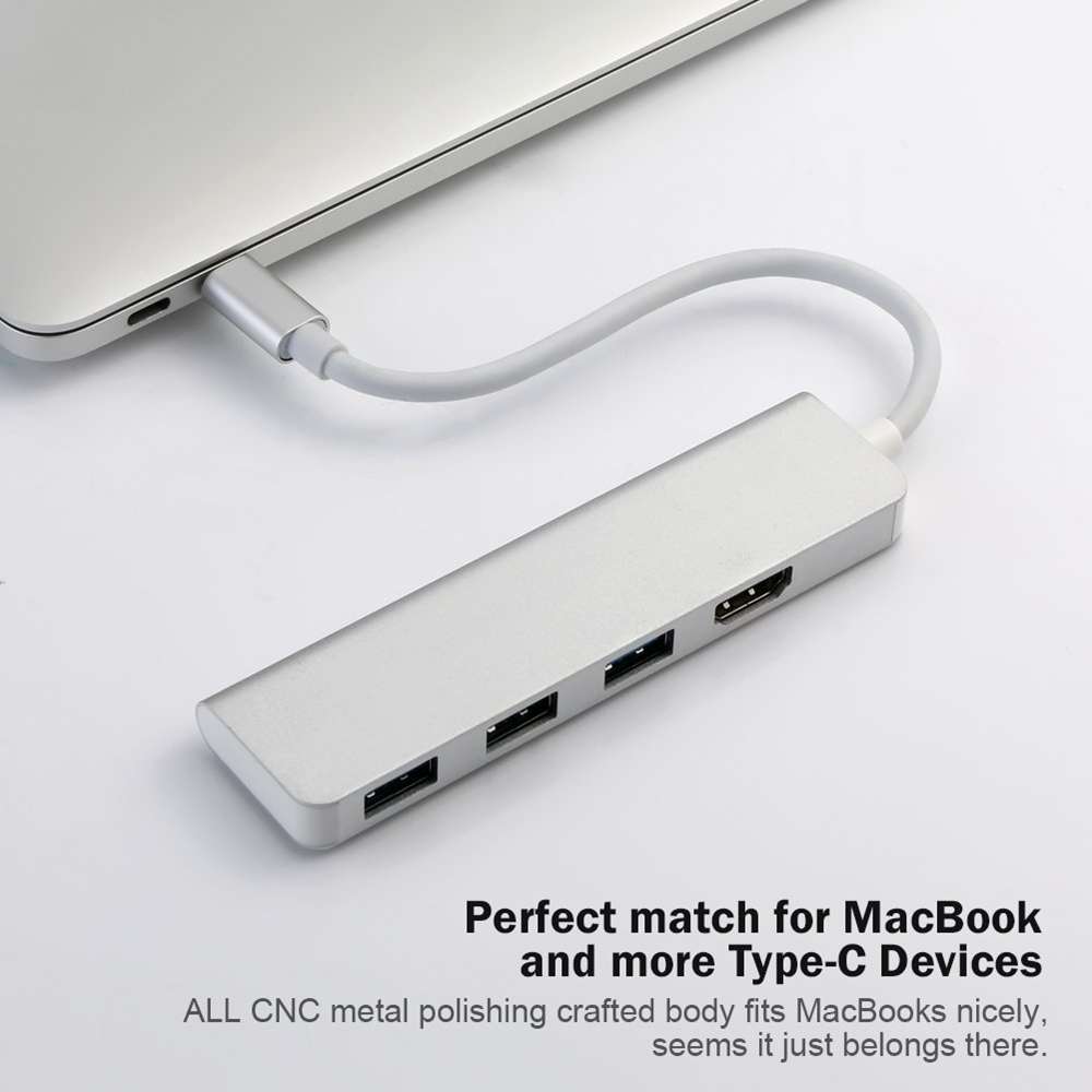 USB-C Hub, Type-C Adapter To HDMI,3 USB 3.0, Portable Aluminum USB C Dongle For MacBook Pro 2018/2