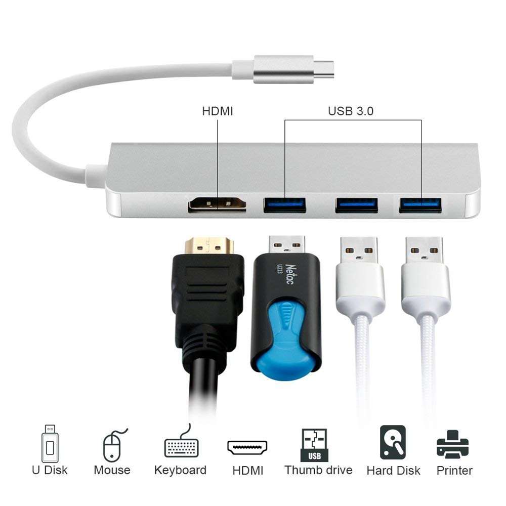 USB-C Hub, Type-C Adapter To HDMI,3 USB 3.0, Portable Aluminum USB C Dongle For MacBook Pro 2018/2