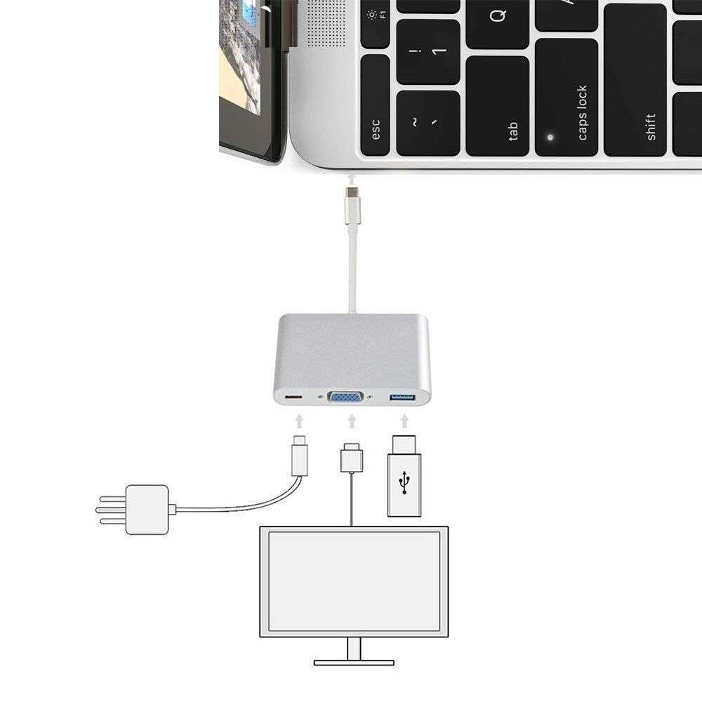 USB Type C to VGA 3-in-1 Hub Adapter supports USB Type C tablets and laptops for Macboo ... (Gold)