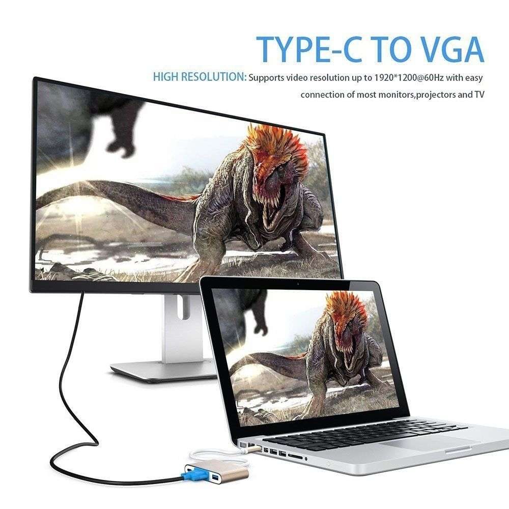 USB Type C to VGA 3-in-1 Hub Adapter supports USB Type C tablets and laptops for Macb ... (Silver)