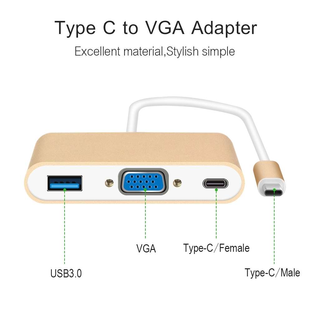 USB Type C to VGA 3-in-1 Hub Adapter supports USB Type C tablets and laptops for Macb ... (Silver)