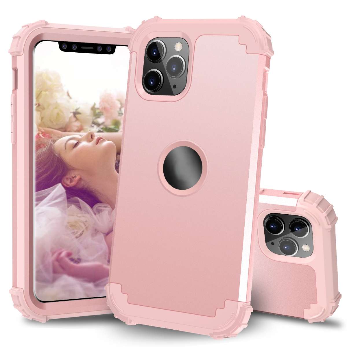 For iPhone 11 Pro Max PC+ Silicone Three-piece Anti-drop Mobile Phone Protective Back Cover(Rose gol