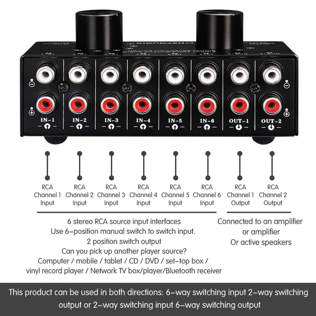 B026 6 Input 2 Output Or 2 Input 6 Output Audio Signal Source Selection Switcher RCA Port