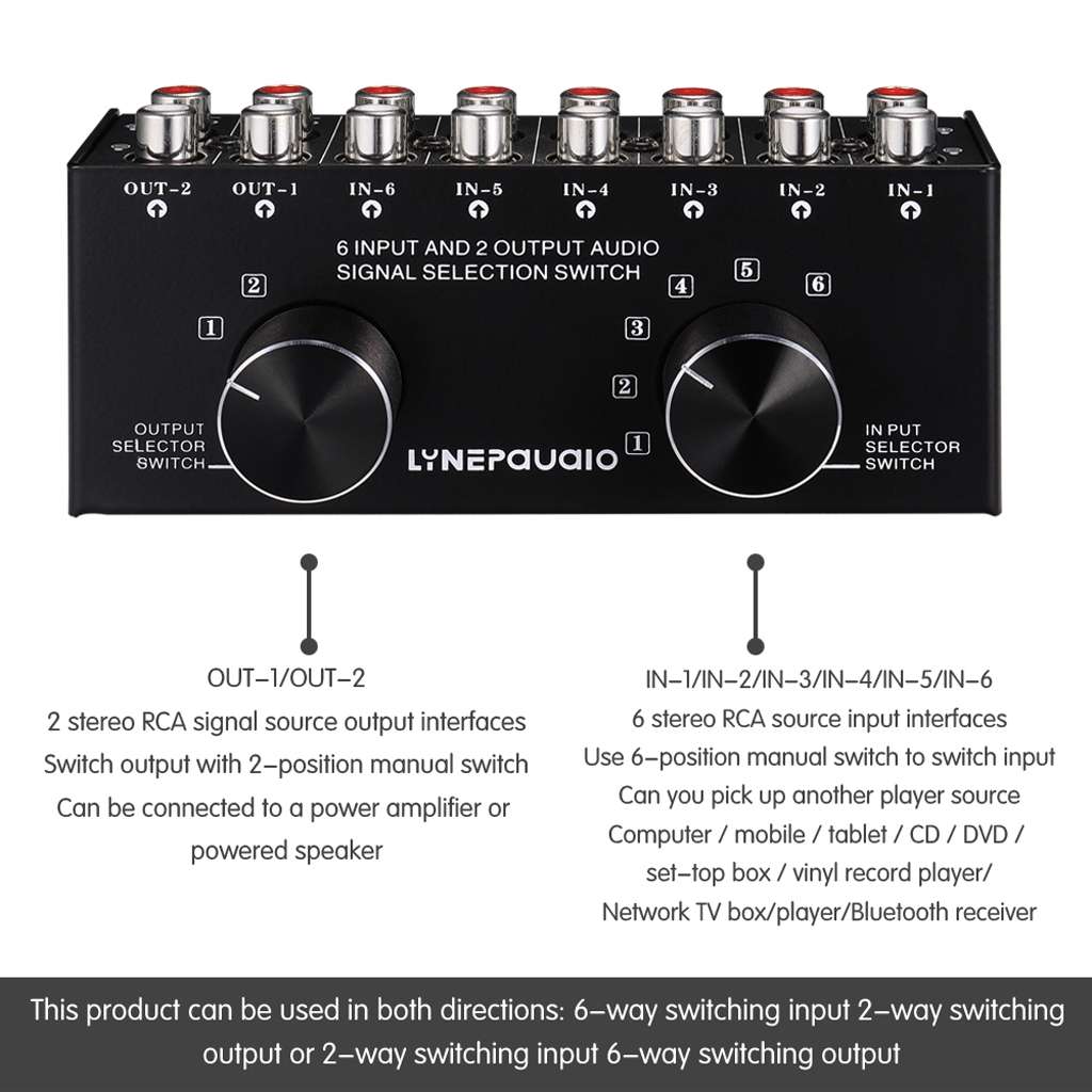 B026 6 Input 2 Output Or 2 Input 6 Output Audio Signal Source Selection Switcher RCA Port